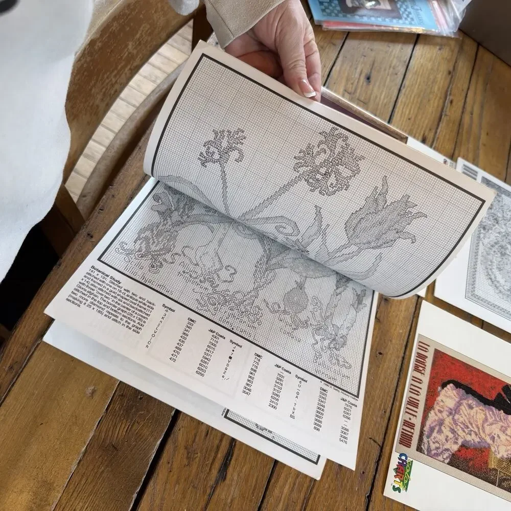 Vtg Cross Stitch Pattern Lot Victorian Lady Renoir Carousel Horse Botanical